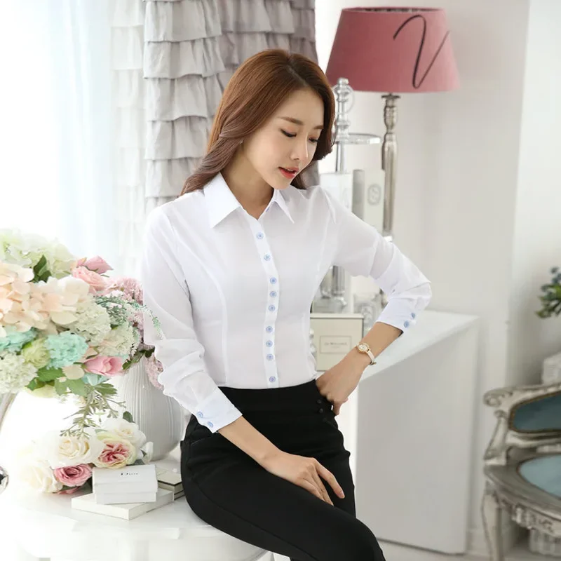 White Shirt Women Korean Fashion Shirts and Blouses Long Sleeve Blouse Chiffon Office Lady Working Clothes OL Basic Womens Tops