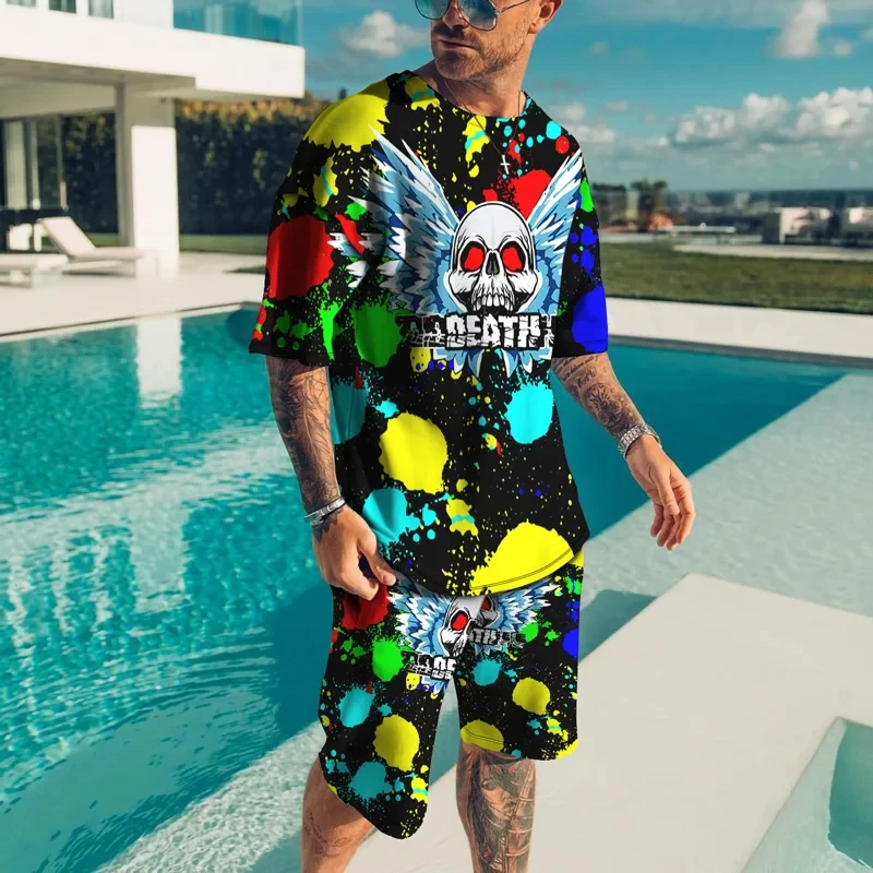 Summer Men Outfits Color 3D Printed Sport Short Sleeve Suits Hip Hop Casual 2 Piece T Shirt+Shorts Fashion Male Tracksuit Set