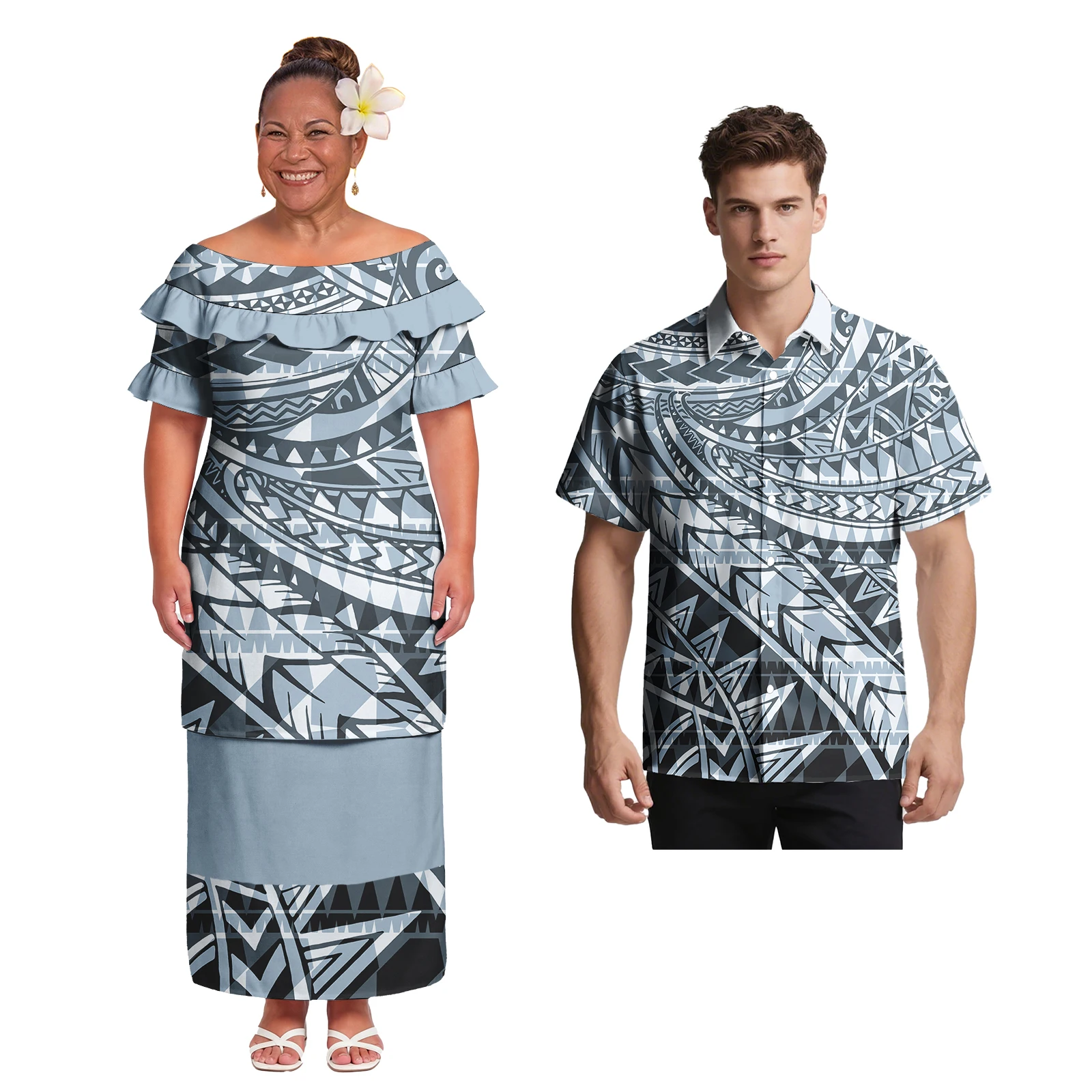 Island Beach Samoan Polynesia Men's Casual Shirts Ladies Elegant Puletasi 2pc Set Hawaiian Hibiscus Print Couple Match Outfits