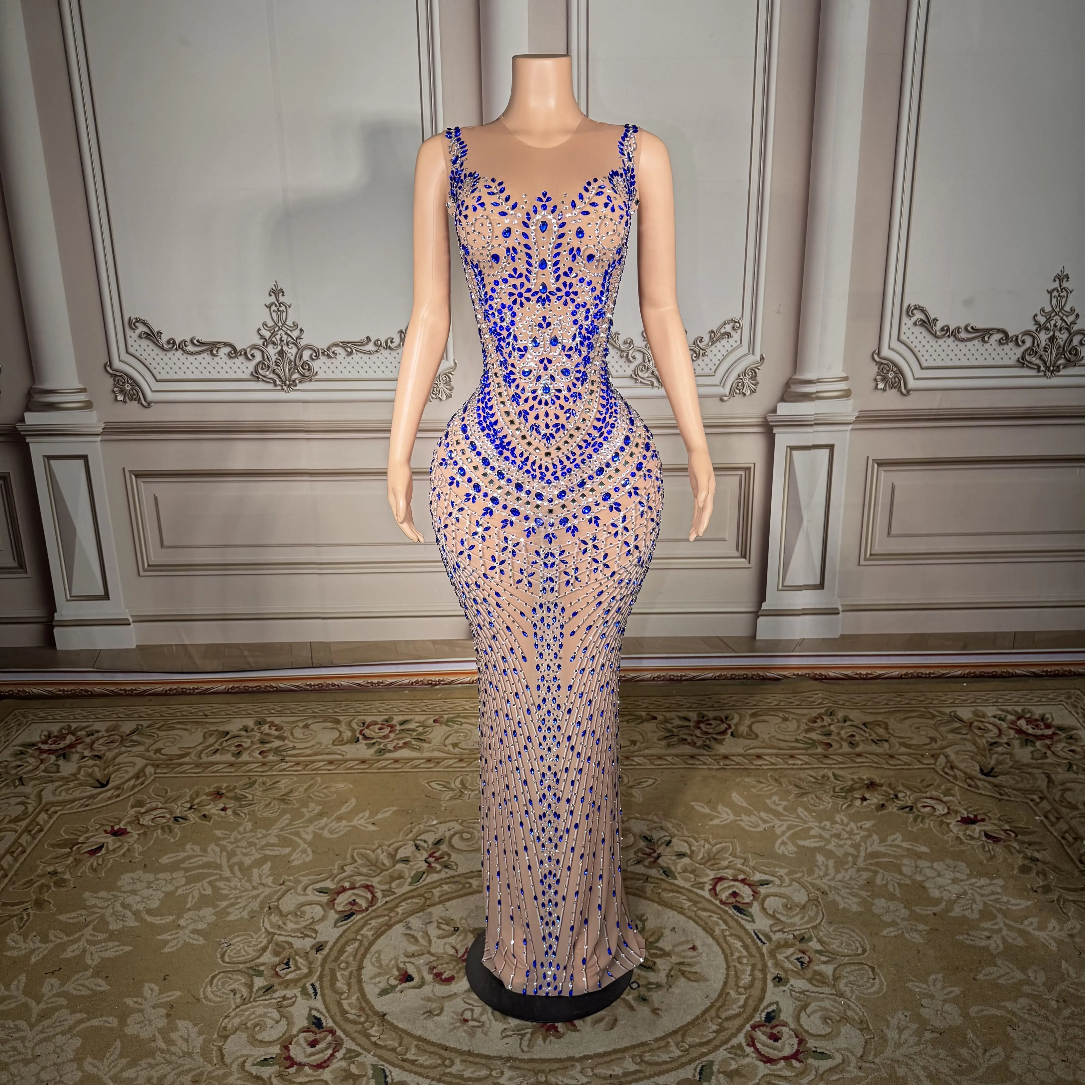 Zd strass pérola diamante incrustado em torno do pescoço sem mangas voltar split luxo elegante vestido longo noite clube bar desempenho vestido