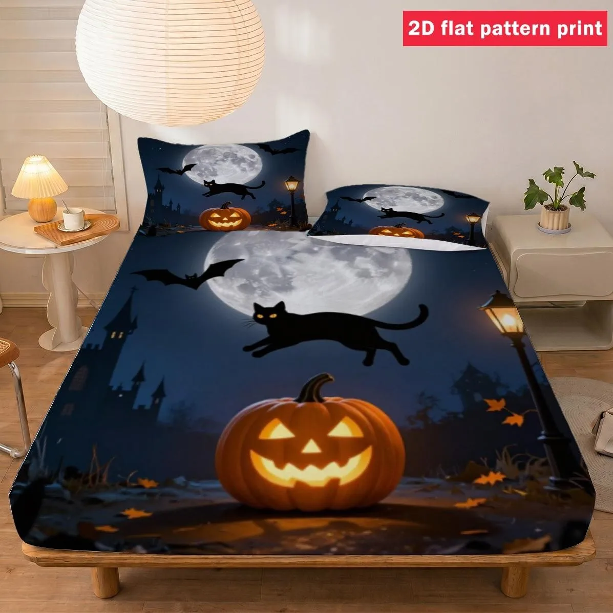 3-Piece Halloween 2D Digital Print Bedding Set (1 Fitted Sheet + 2 Pillowcases) - Thrilling Night Scene Featuring Pumpkin Lanterns, Black Cats, Bats, and Castle Silhouettes, No Filling, Fitted Sheet Style, Perfect Holiday Atmosphere Gift