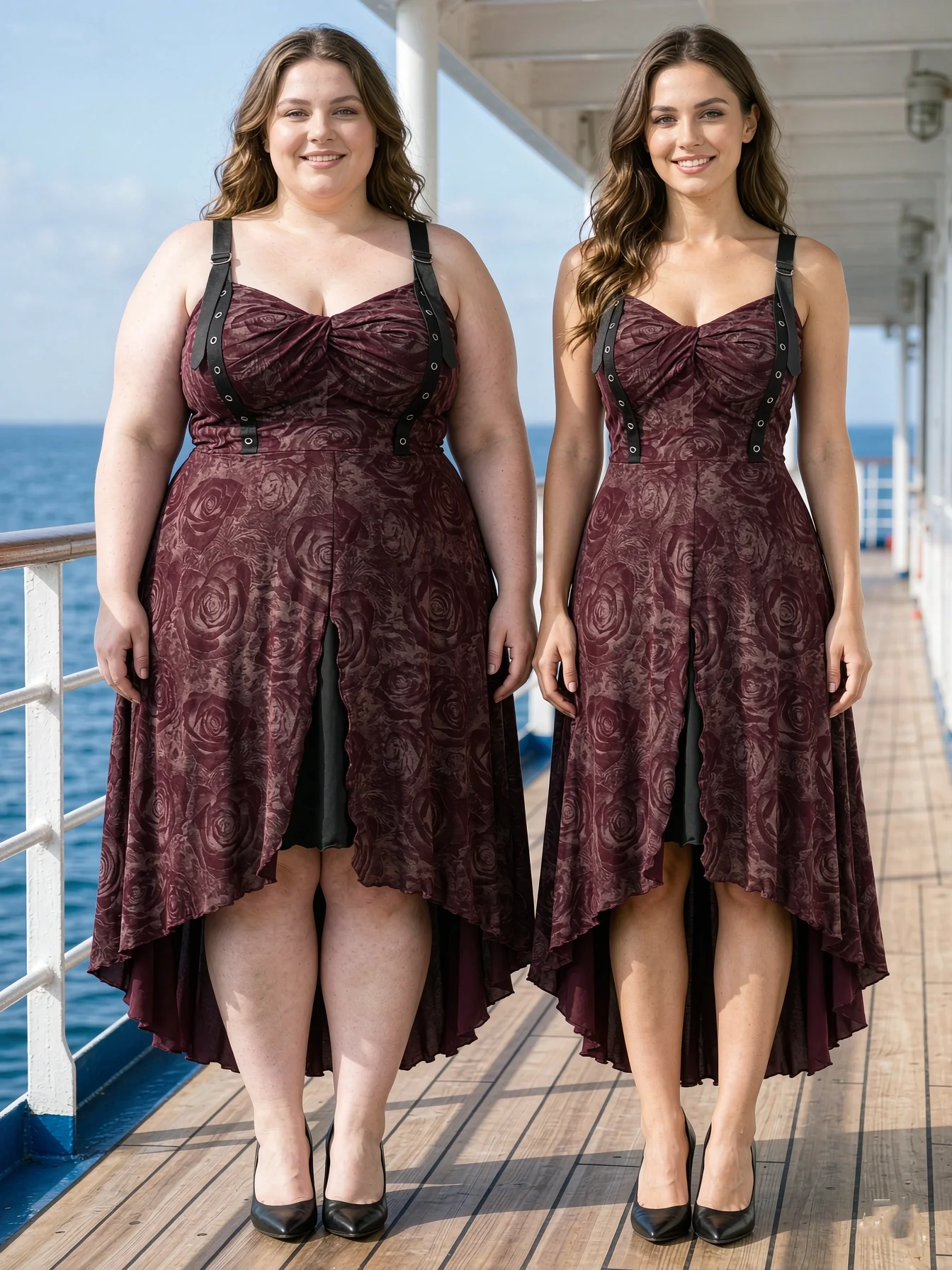 Plus Size Women Rose Print Dress Red Wine Ruched Grommets Ruffles Asymmetrical Hem Midi Dress With Grommets Oversize Tank Dress