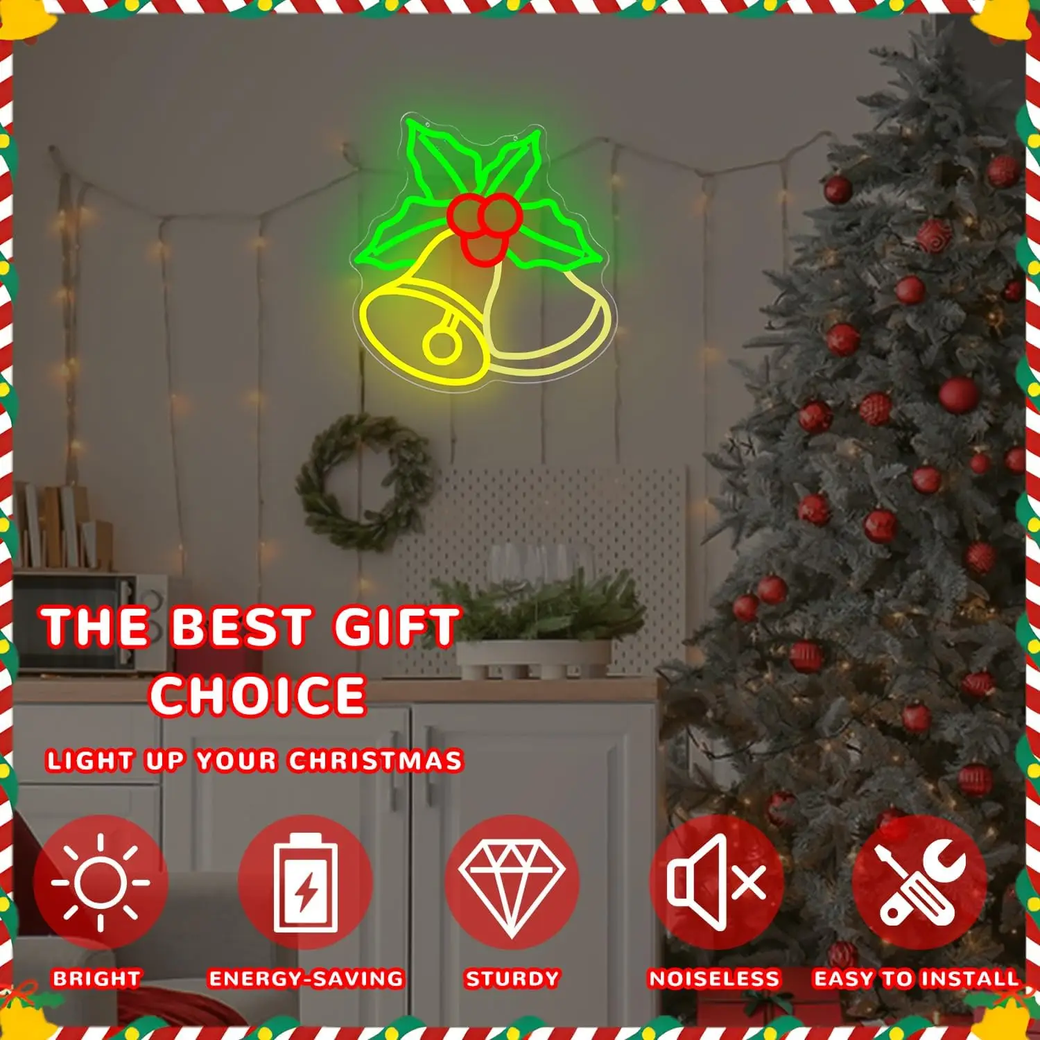 クリスマスベル ネオンサイン 壁飾り 調光可能 ネオンサイン 点滅ベル ホーリー付き LEDサイン クリスマスライトアップサイン ホームパーティー用