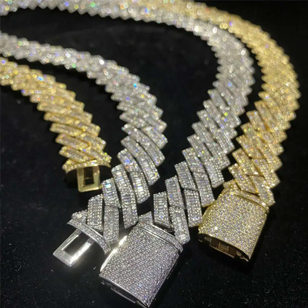 

Hip Hop Men Luxury Cuban Chain 18mm Width Baguette Three-row Moissanite Cuban Necklace Full Iced Out Miami Cuban Link Chain