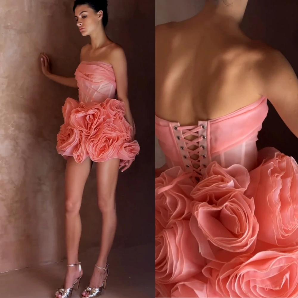 Gaun pesta malam Arab Saudi Organza Pleat Criss-Cross Hari Valentine A-line tanpa tali gaun acara Bespoke gaun pendek