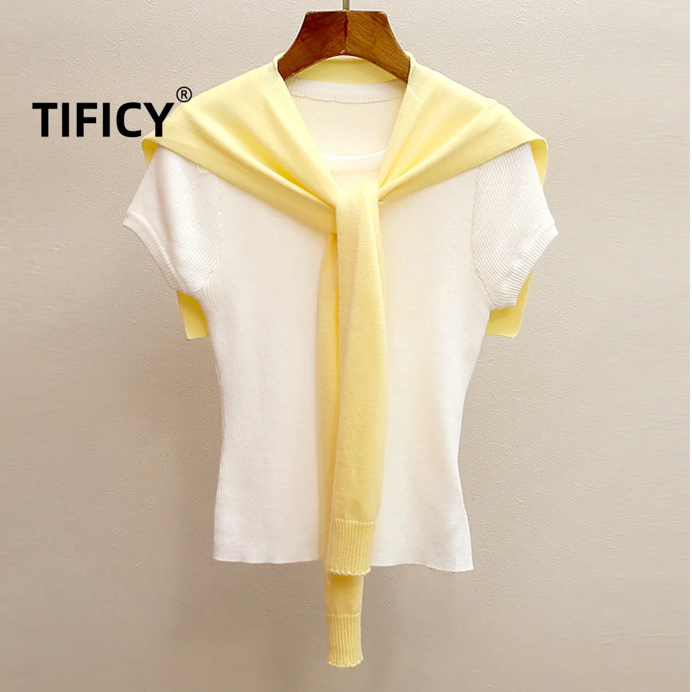 High Street Tees Tshirt Women's Spring and Summer New Style French Sweet Shawl Slim Fit Knitted Sweater T-shirt Top