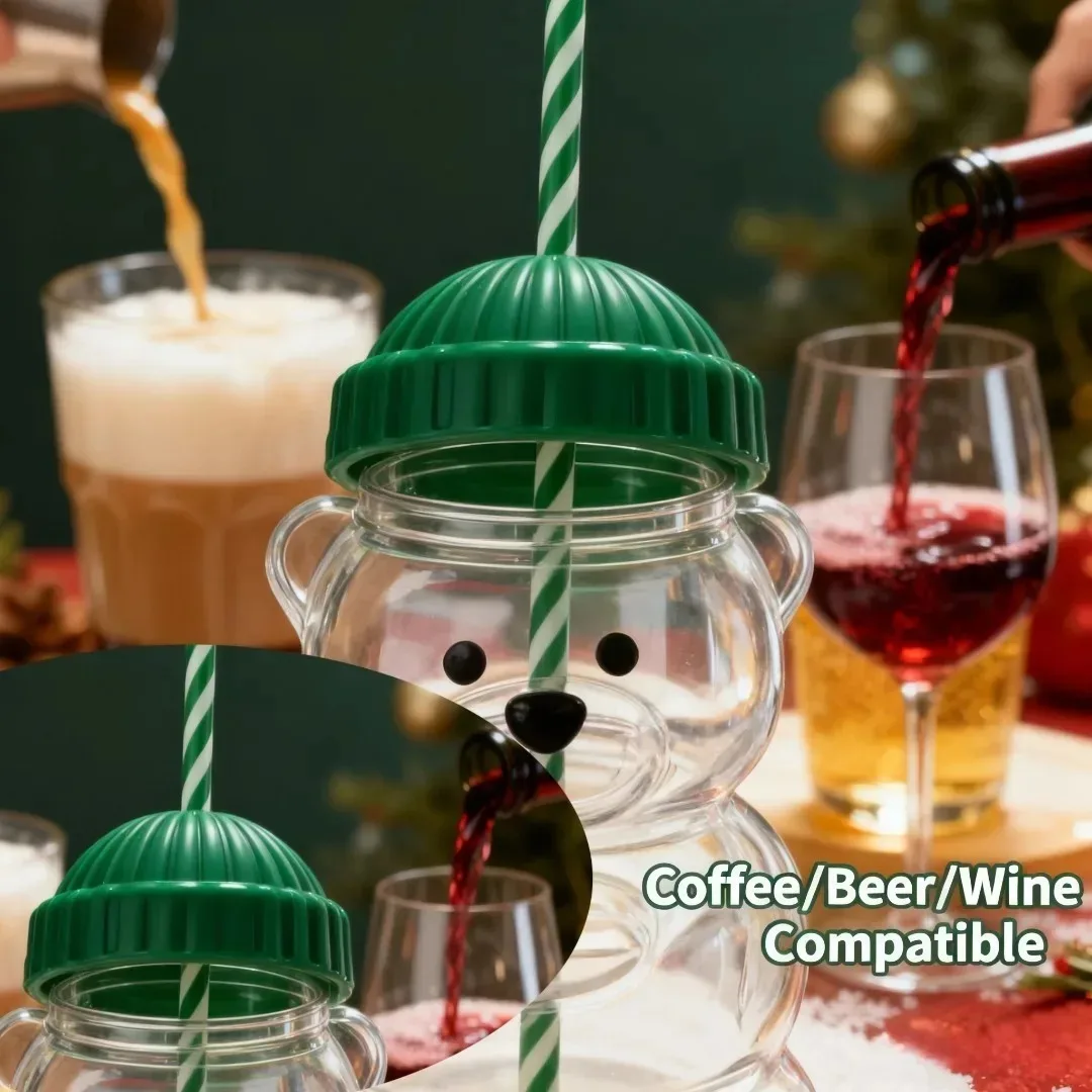 2025 novo copo de palha reto de urso fofo de 500ml, vinho prático, cerveja e utensílios de bebidas de coquetel, copo de natal fofo