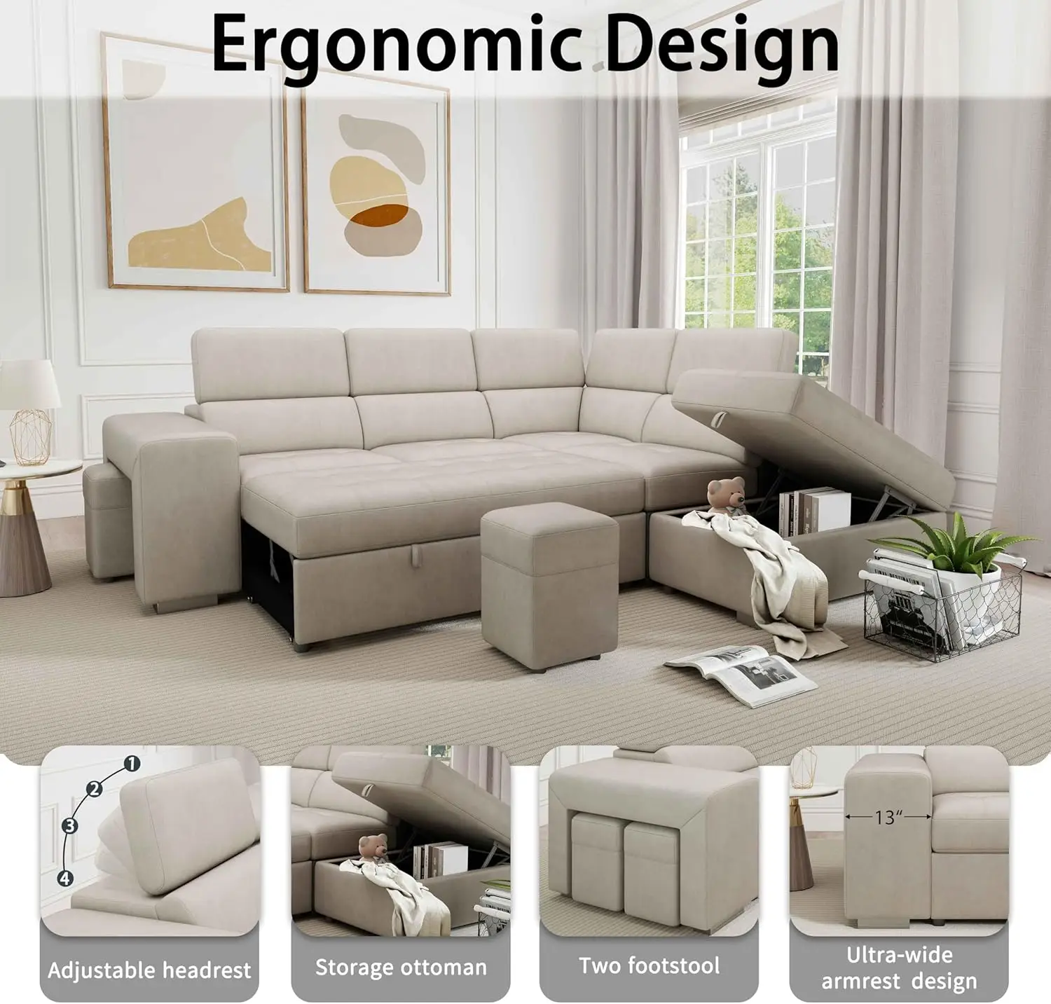 104'' Microfiber L Shaped Sectional Sleeper Sofa Couch with Pull Out Bed and Storage Ottoman, Convertible Couches with image 3