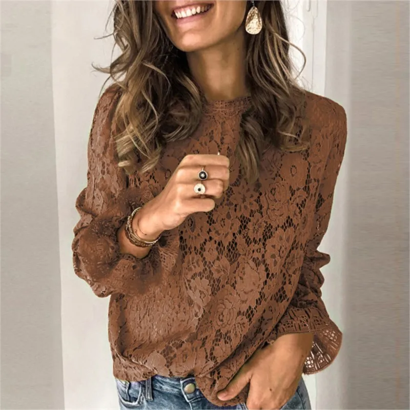 O Neck Floral Lace Blouses For Women Spring Autumn Elegant Flare Long Sleeve Blouse Shirts Sexy Women Hollow Mesh Blusa Tops