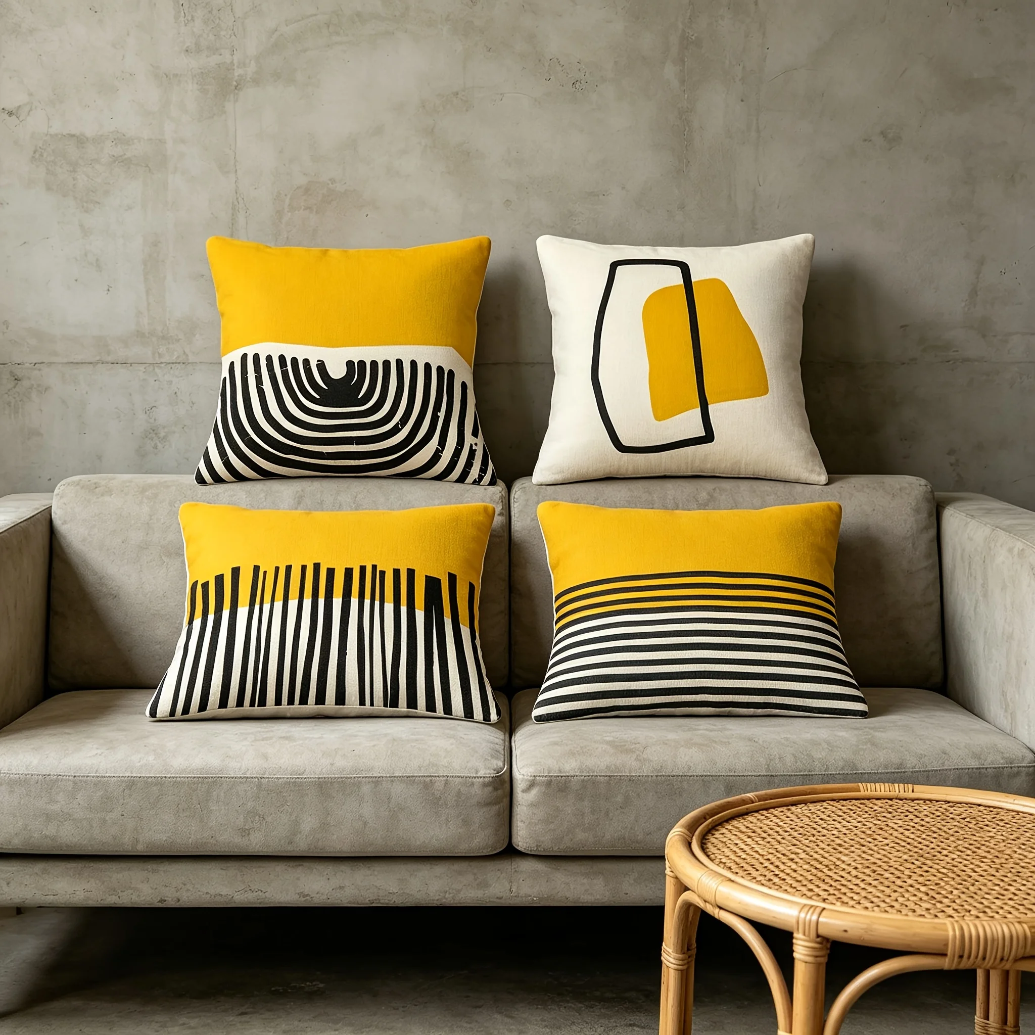 4 Piece Abstract Geometric Pillow Covers Set Yellow Black Modern Stripe Throw Cushion Decor for Living Room Sofa Home Accent