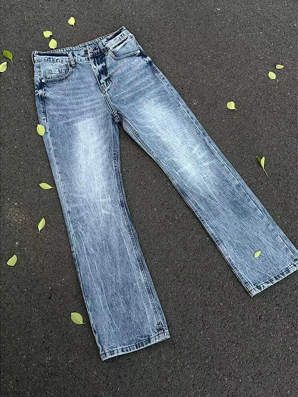 

Ice Blue Men's Summer Thin Waed Denim Jeans Bell Bot American High Street Design Wide Leg Pants Youth Wear Polyester Fiber