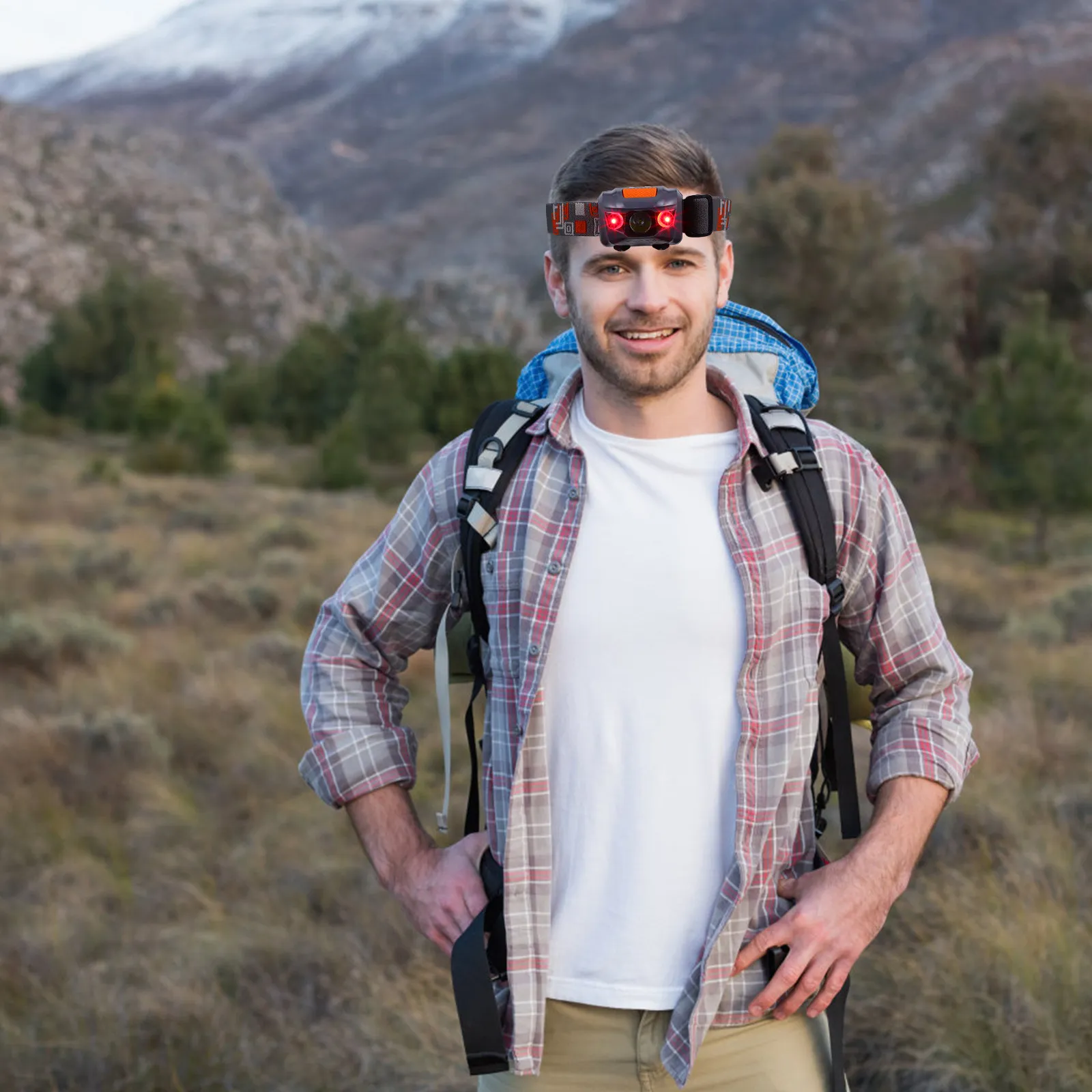 Light Adjustable White Red Waterproof Cat Eye Shape Warning Safety Headlamp Outdoor Camping Riding Grey Without Battery