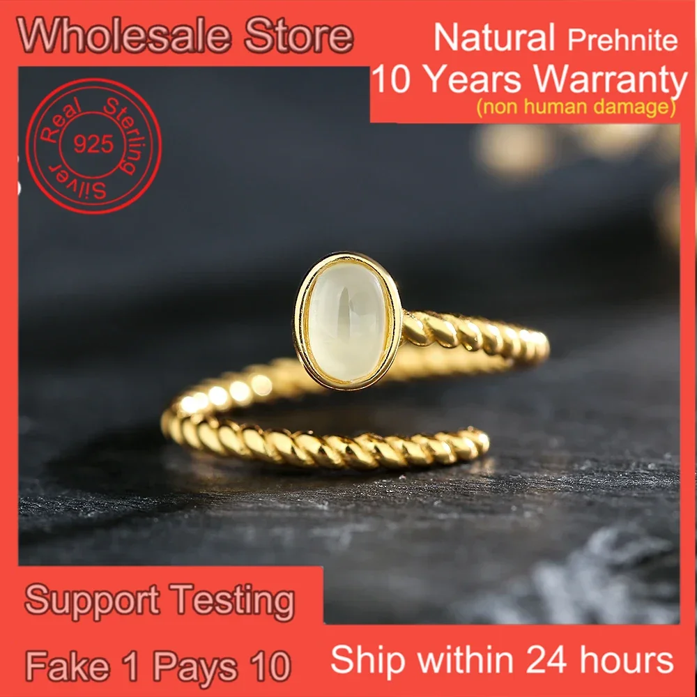 100% Natural Prehnite Gems Ring 925 Sterling Silver Gold Plated Wedding Bands 2-Layers Twisted Design Women's Jewelry Gifts