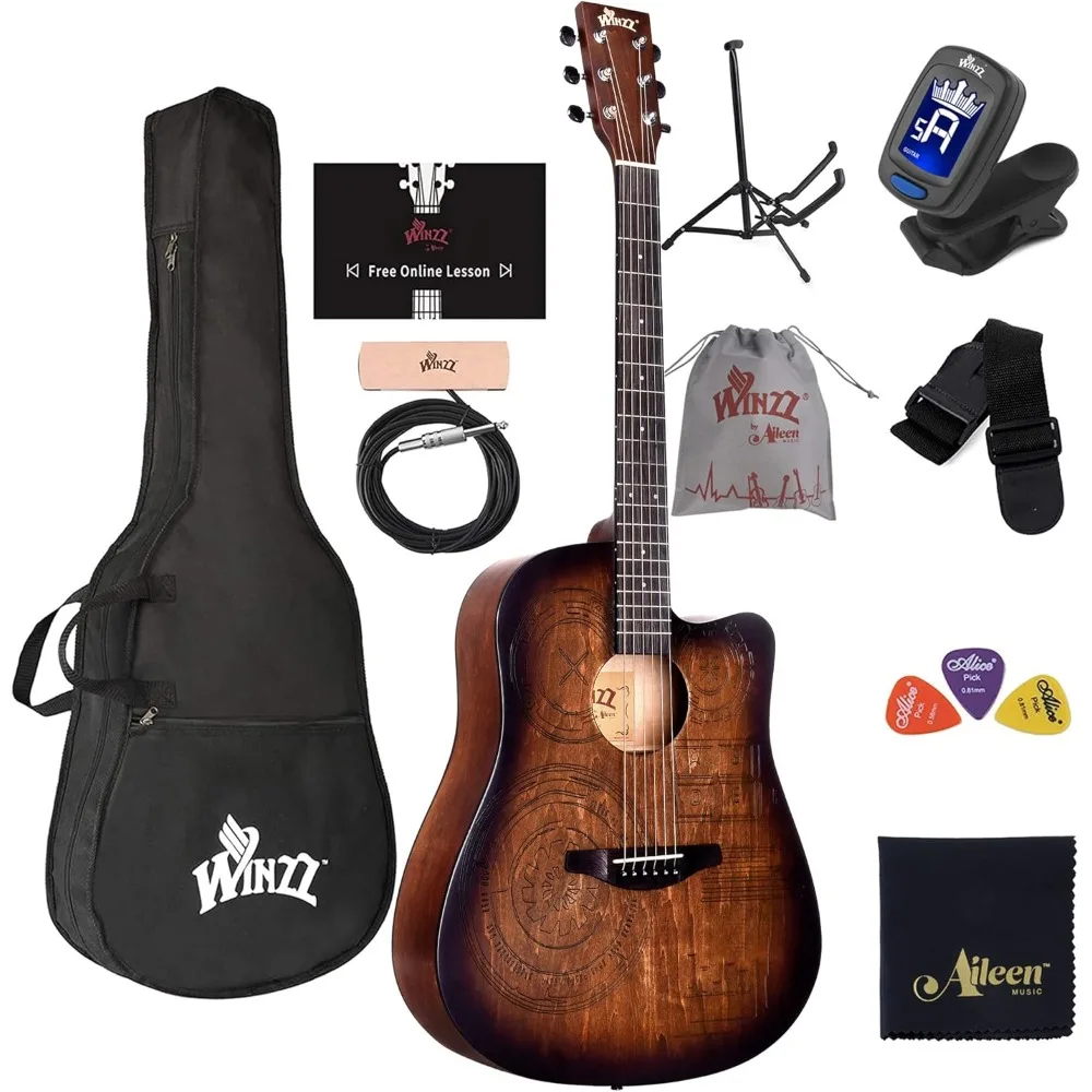 HAND RUBBED Series - Full Size Cutaway Carved Acoustic Acustica Guitar Adult Beginner Starter Bundle Full Kit,41 Inches Handed