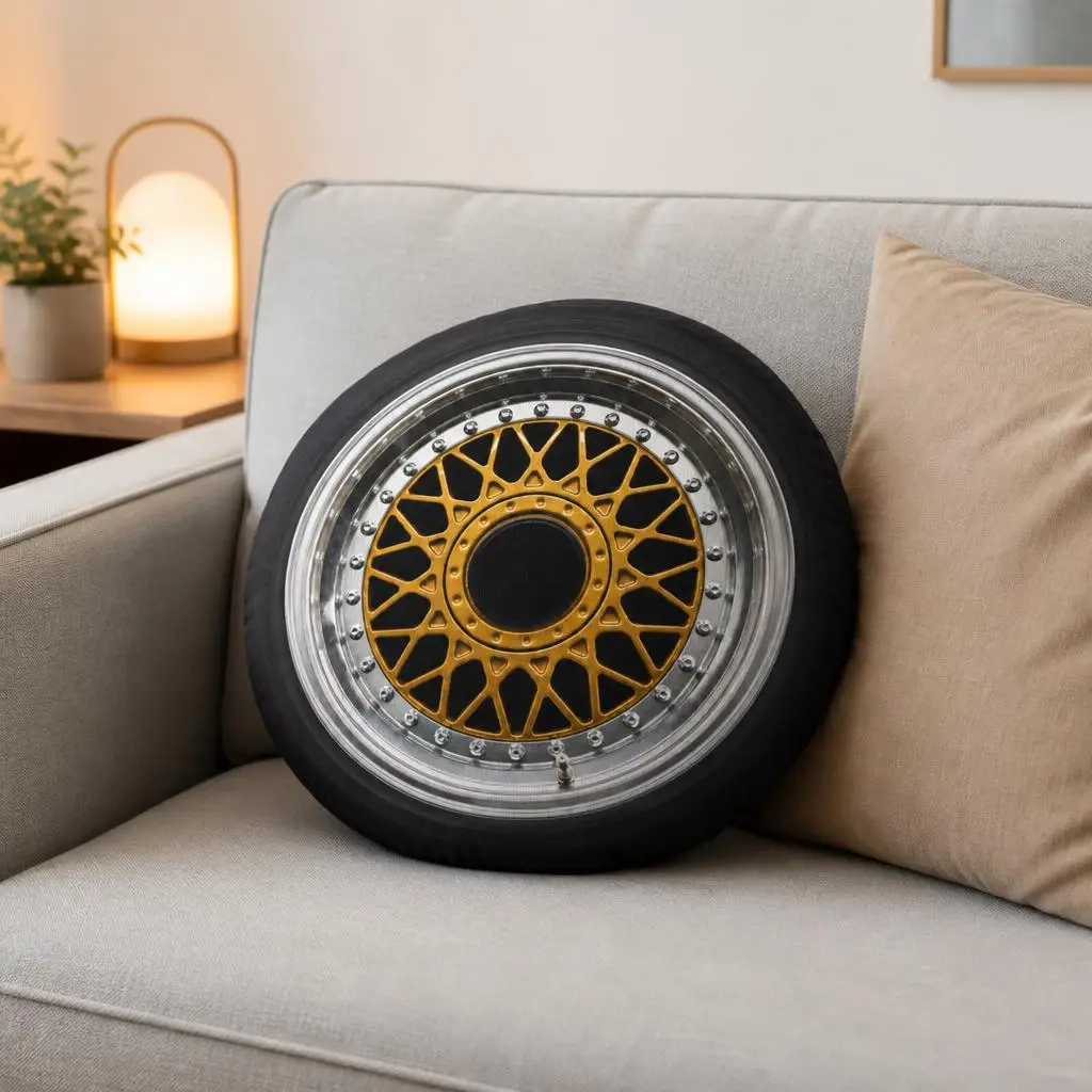 Gold Mesh Car Tire Shaped Plush Pillow Automotive Wheel Rim Cushion Car Enthusiast Gift Sofa Home Decor Accent Throw Pillow