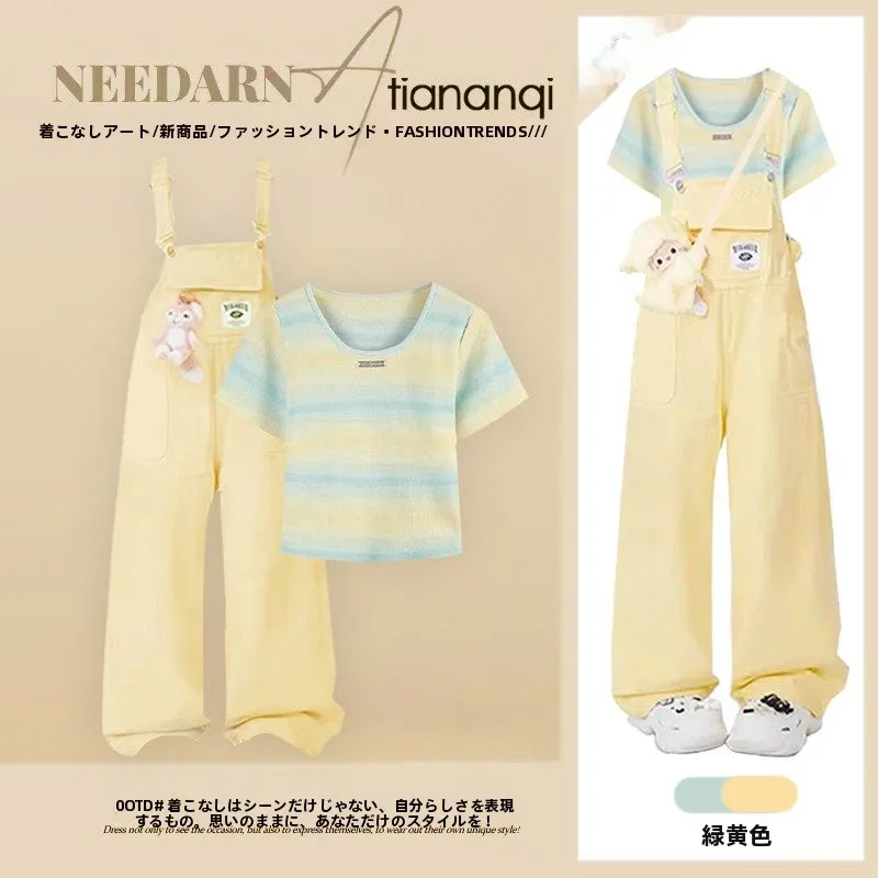 Summer Korean Style Short Sleeve T-Shirt Top And Denim Overalls Two-Piece Set Casual Slimming Fashion Women's Clothing