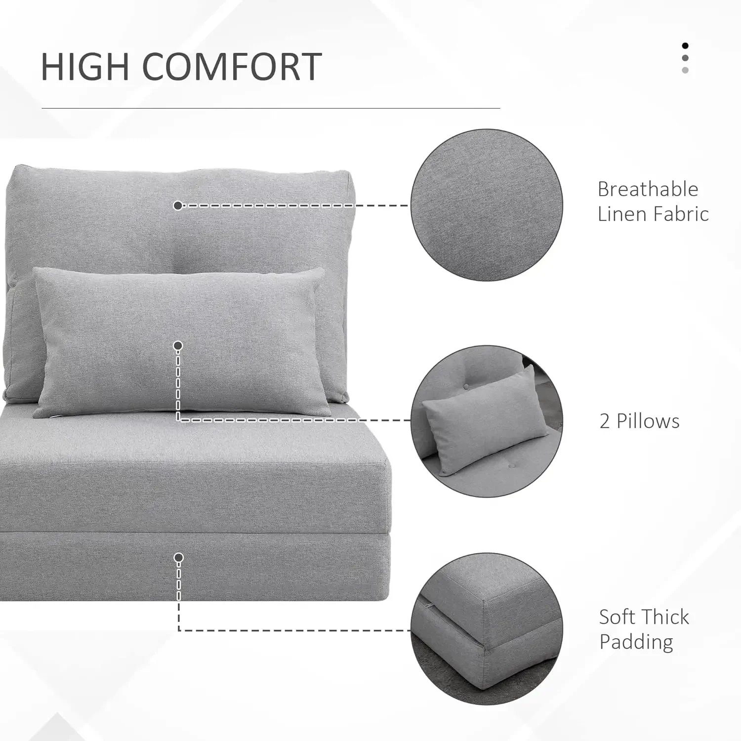 Sofá cama tapizado plegable con respaldo ajustable, marco de Metal y almohadas para sala de estar y dormitorio, color gris claro