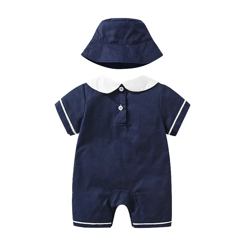 Summer Baby Bodysuit Clothing For Girl Boys Infant Romper With Hat Toddler Short Sleeve Jumpsuits Navy Blue Newborn Clothes