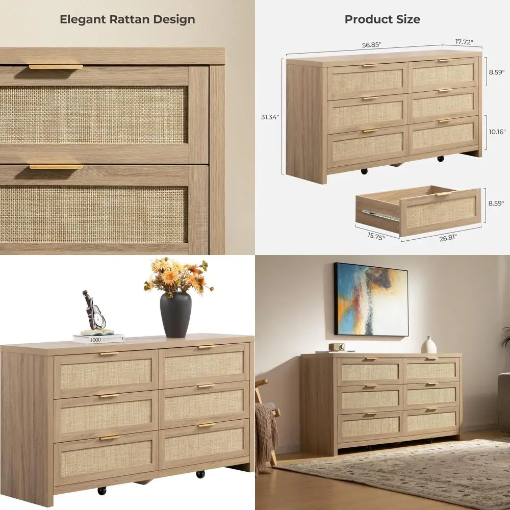 

57 Wide Bedroom Set with 6 Drawer Dresser, Large Chest, Closet, and Boho TV Stand in Reclaimed Light Oak Finish