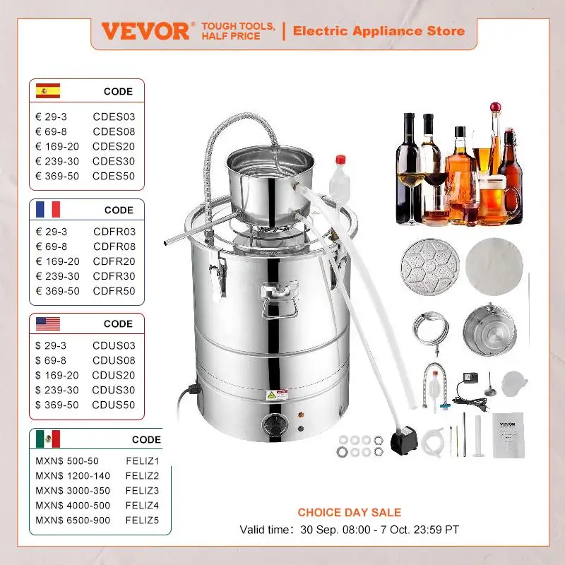 VEVOR 30/50L Stainless Steel Alcohol Distiller Alcohol Still Essential Oil Brewing DIY Whisky Wine Brandy Distillery Home Use