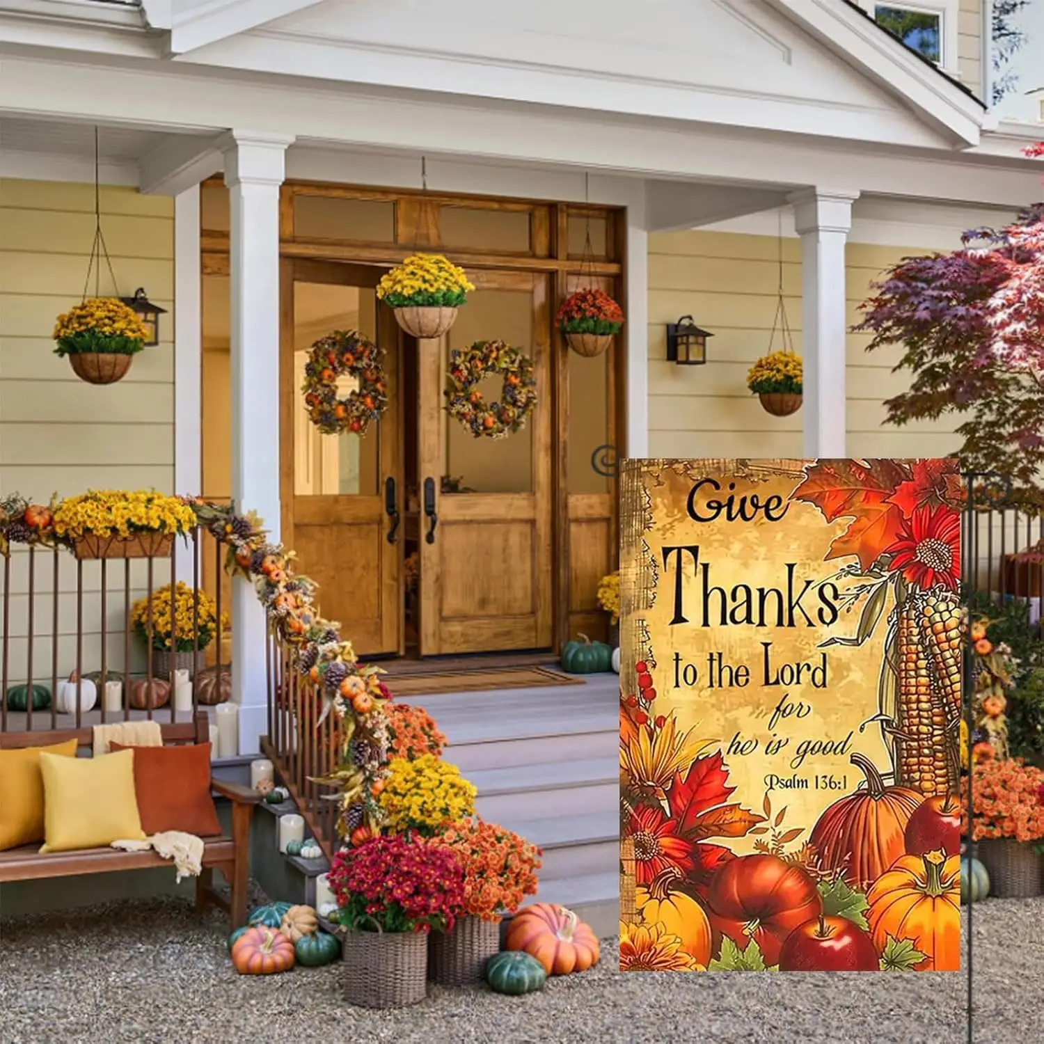 Fall Pumpkin Give Thanks to the Lord Garden Flag 12x18 Inch Double Sided Outside,Autumn Pumpkin Thanksgiving Yard Outdoor Decora