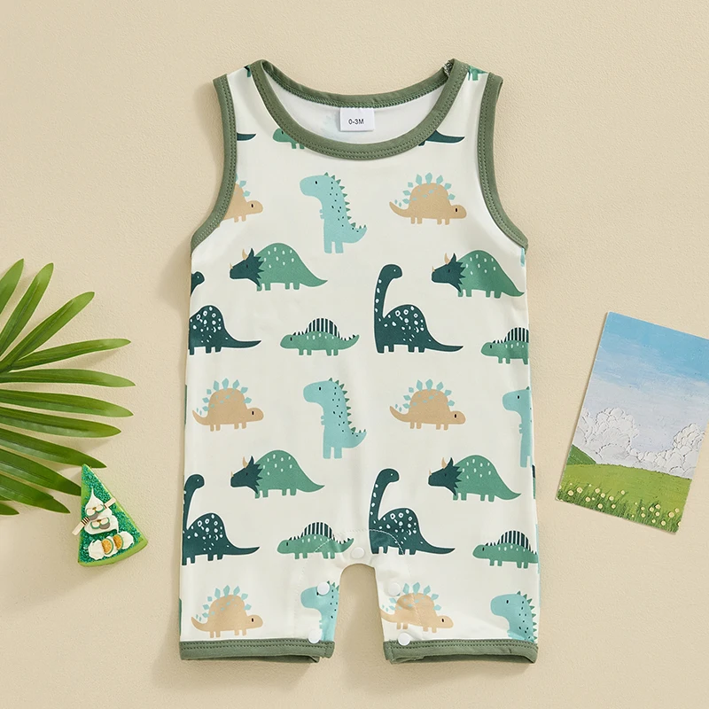 

Newborn Baby Girls Boys Romper Summer Toddler Clothes Infant Casual Sleeveless Round Neck Dinosaur Print Jumpsuits Playsuit