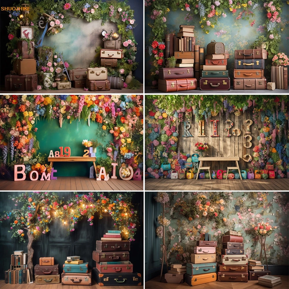 Photography Backdrop Flower Suitcase Book Back to School Students Graduate Party Decor Banner Background Photo Studio