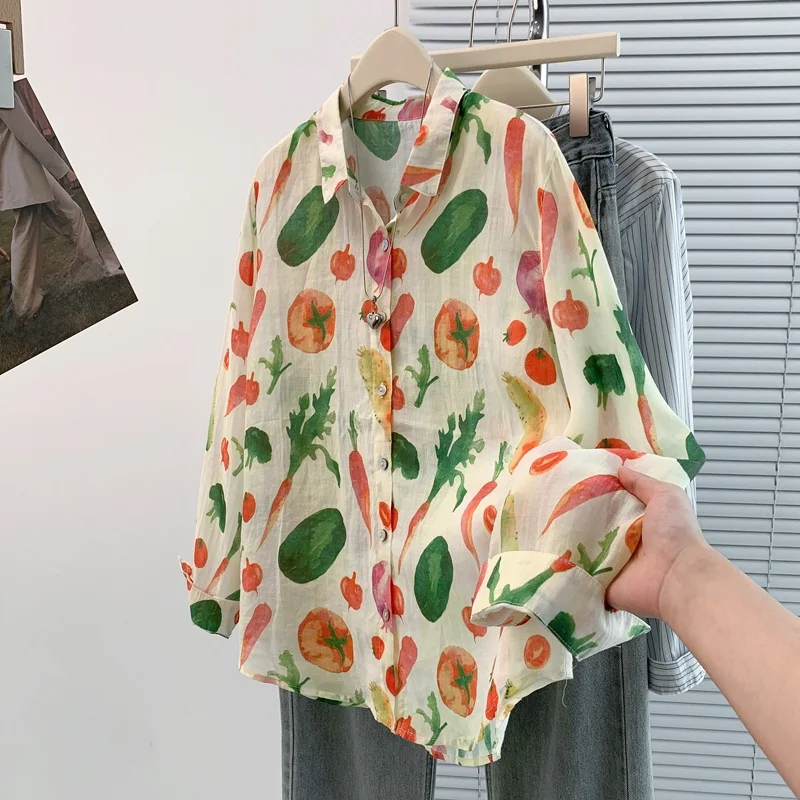 

Autumn New Sle Thin Pure Cotton Long Sve Printed Open Cardigan Square Collar Loose irt Fre Airy Women's Faion