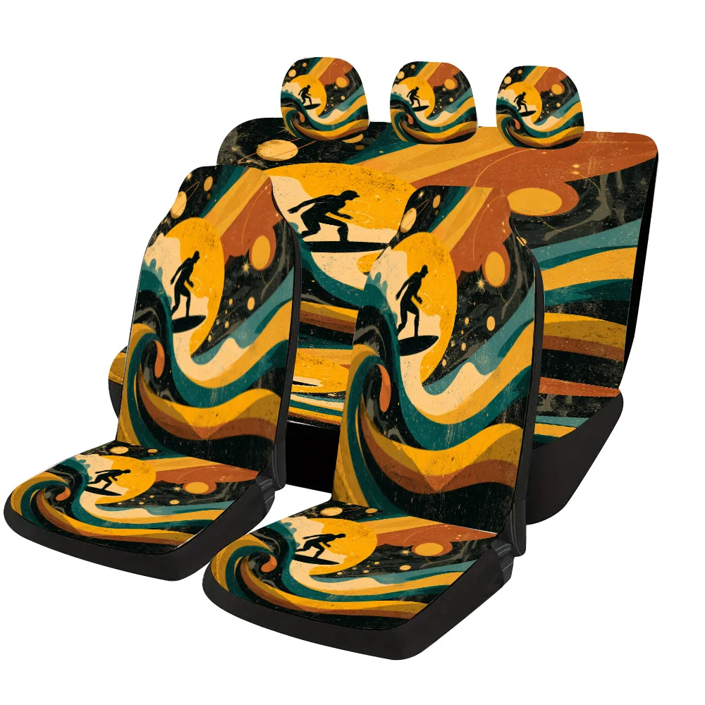 Retro Cosmic Surfing Silhouette Poster Design Theme Car Seat Cover Set, Suitable For Most Vehicles, Stylish And Uniquely Decorat
