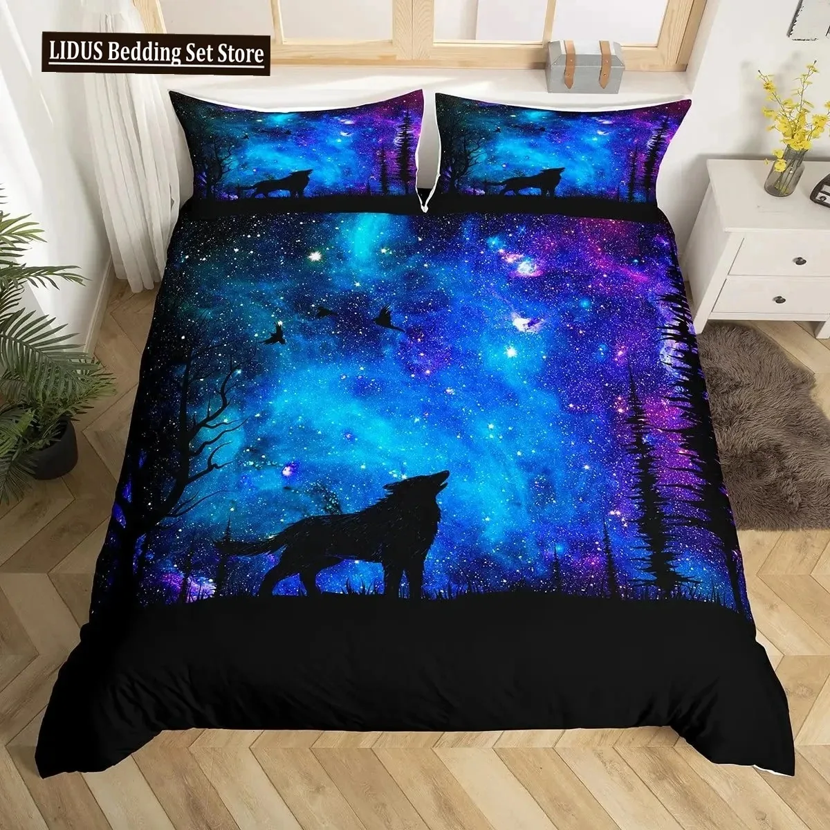 

Boys Wolf Duvet Cover Set Queen Size, Boho Wolf Wildlife Animal Bedding Set Men Galaxy Dream Catcher Moon Polyester Quilt Cover