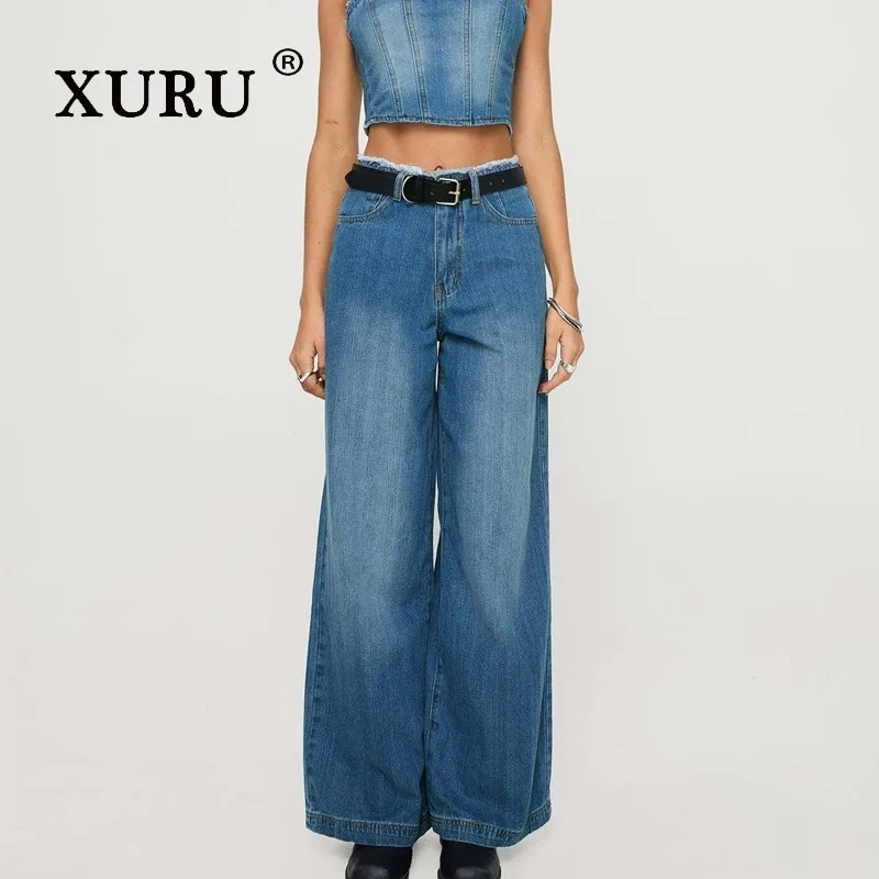 

XURU - New Women's Retro Wide Leg High Waist Jeans, Y2k Loose and Slim Straight Straight Street Long Jeans