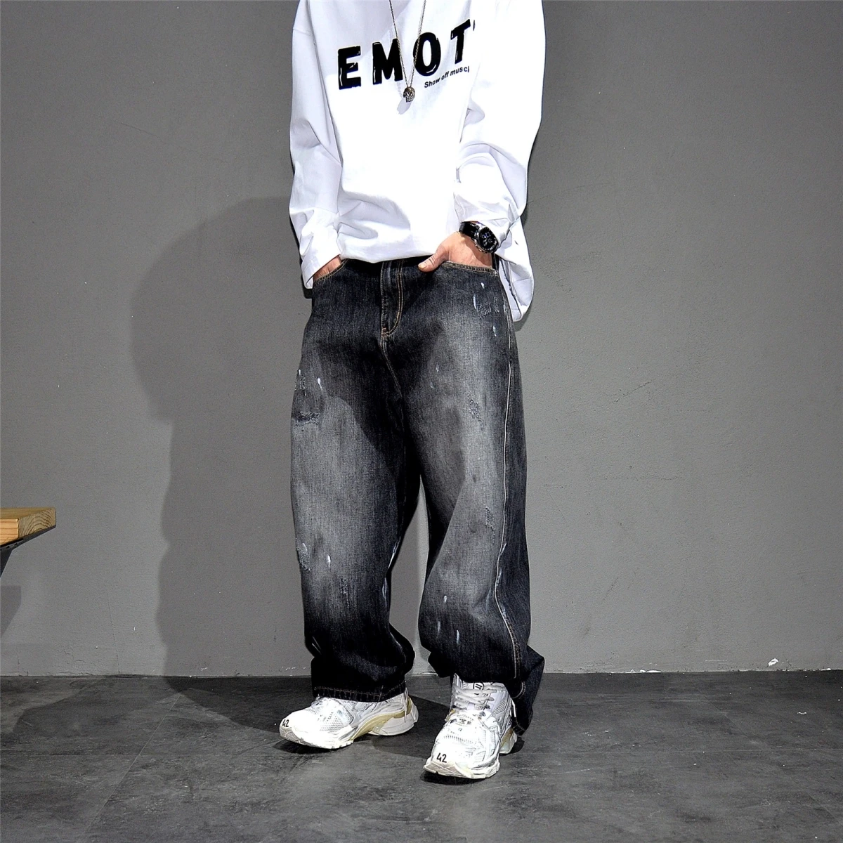 

Свободные широкие мужские джинсы в стиле ретро, длинные брюки большого размера, модные повседневные джинсы из смеси хлопка и полиэстера