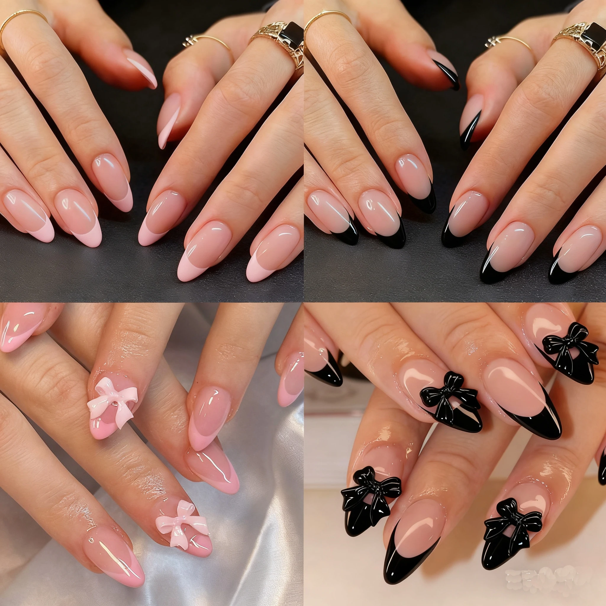 96 Stück schwarze und rosa französische spitze Nägel, kurze Mandel-Nagelpresse, mit Schmetterlings-Schleifen-Design für Damennägel, künstlicher Acryl-Nagel