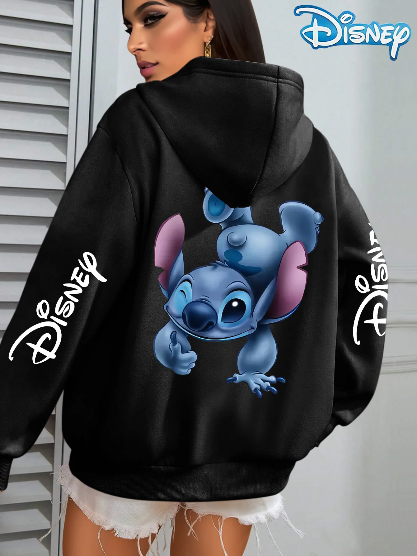 سترة فضفاضة مطبوعة بغطاء للرأس من Disney Collaboration Stitch لخريف وشتاء 2025، سترة عصرية جديدة لملابس الشارع #1