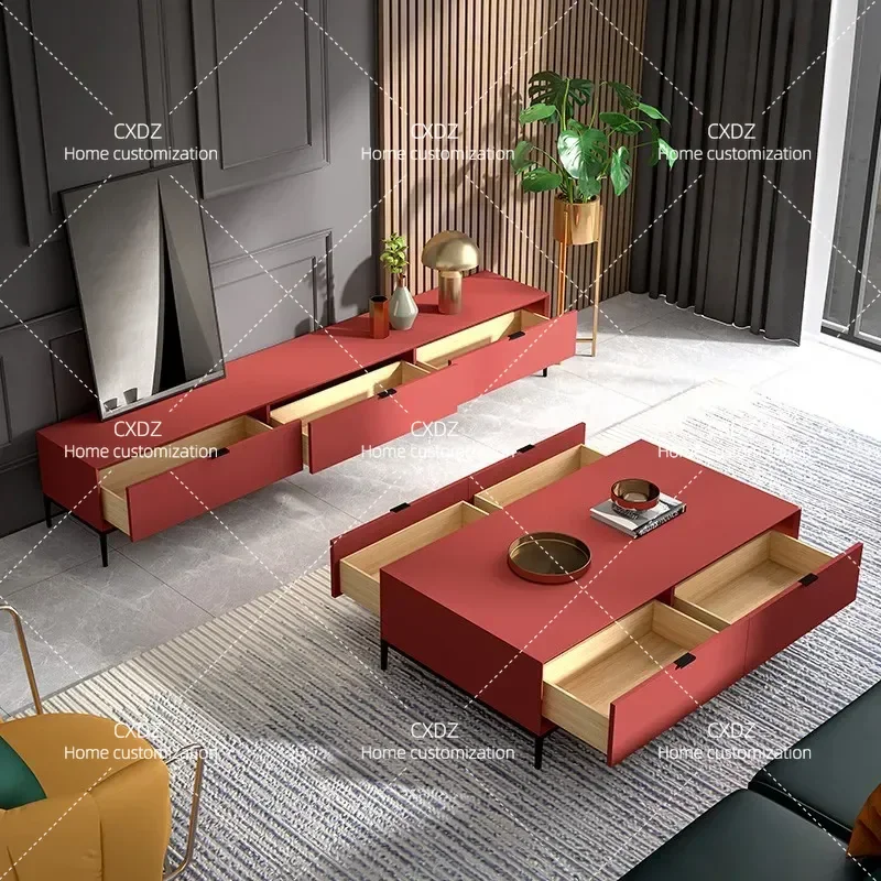 Italian Minimalist Painted Coffee Table and TV Cabinet Nordic Modern Simple Living Room Solid Wood Light Luxury Media Console