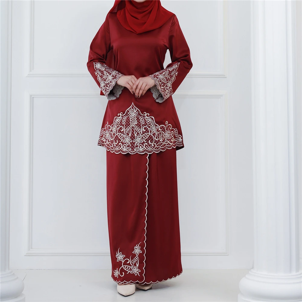 Muslim Sets Long Sleeve Tops Skirts Malaysia Baju Kurung Turkish Suit Embroidery Casual Solid Women Matching Set Ladies Outfits