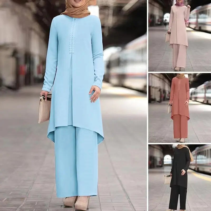 Muslim fashion women\'s spring and autumn new solid color long sleeve lace front round neck blouse trousers suit