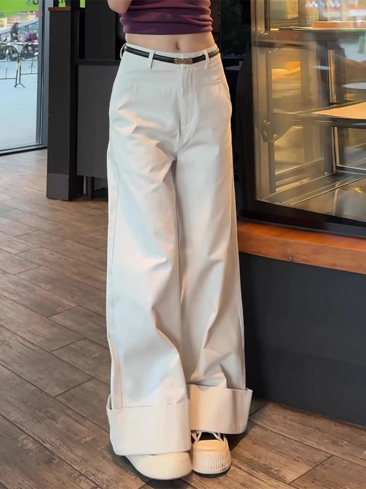 خمر بنطال ذو قصة أرجل واسعة النساء التلبيب حافة الصلبة فضفاض حزام غير رسمي عالية الخصر بنطلون Y2K الشارع الشهير Harajuku مكتب سيدة السراويل جديد