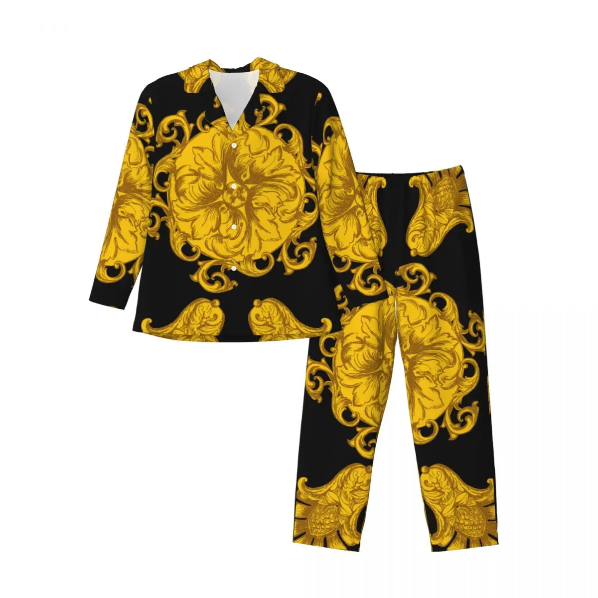 Men Pajamas Set of Autumn Winter Long-Sleeved Golden Baroque Elements Home Clothing Sleepwear 2PCS/Set