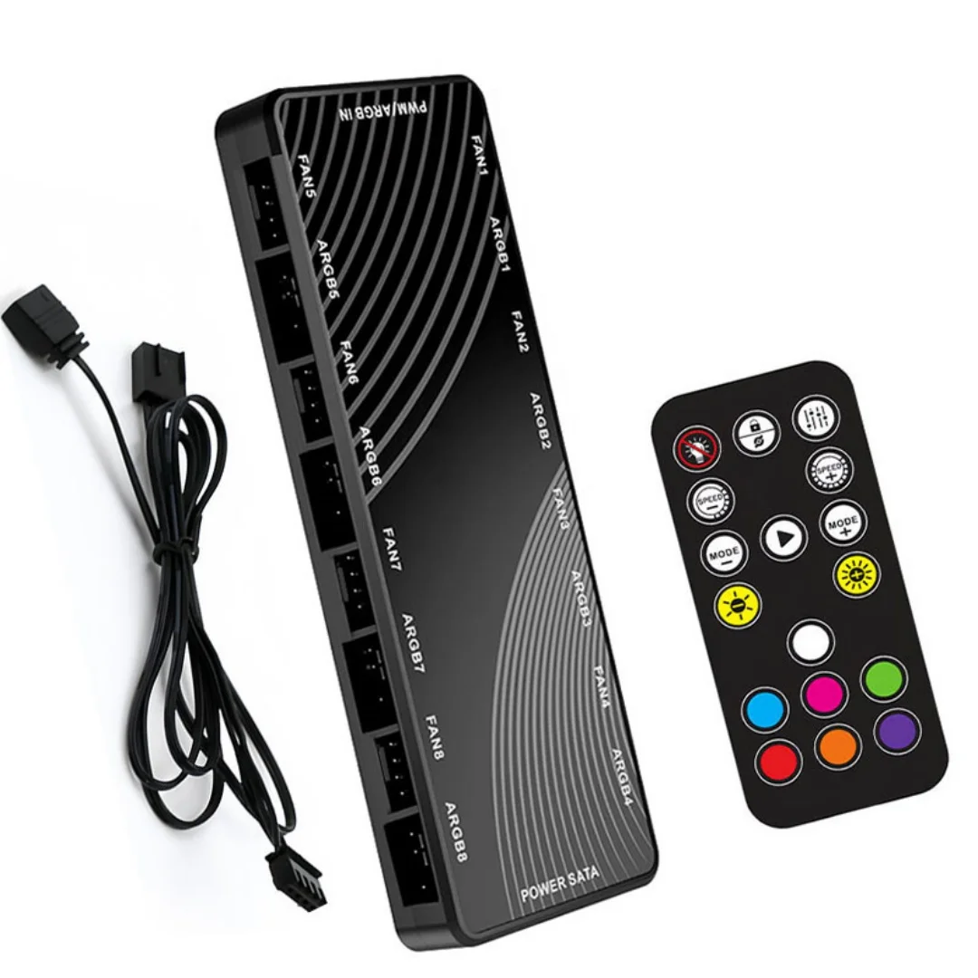 Chassis Fan Hub, Dual 8 Ports. ARGB 3PIN+PWM 4PIN Ports. Equipped With Remote Control (The Remote Control Not Exclude Batte )