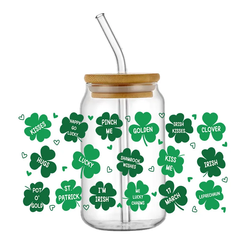 Shamrock Leopard ST patricks Day CAN Glass สำหรับห่อถ้วยขนาด16ออนซ์สติกเกอร์ลอกลายป้ายสั่งทำกันน้ำกาวในตัวโลโก้ DIY