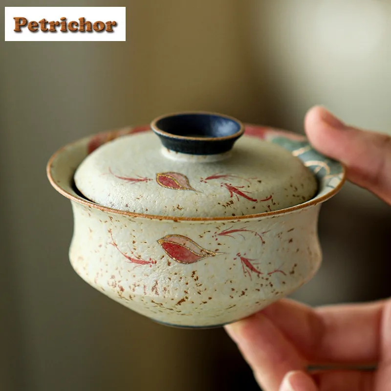 

110 мл Раскрашенная вручную золотая рыбка, играющая в Lotus Gaiwan, элегантная чайная чаша с набором крышек, чаша для заваривания чая, чайный сервиз кунг-фу