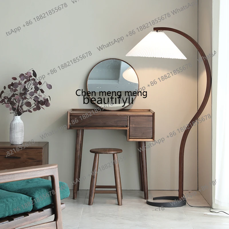 โต๊ะเครื่องแป้งไม้จริงสไตล์นอร์ดิกมินิมอลสีดำวอลนัท พร้อมตู้เก็บของในตัว