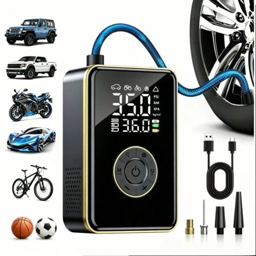 Inflador de Neumáticos, Compresor de Aire Portátil, Mini Bomba de Aire Inalámbrica de 150 PSI con Apagado Automático, Manómetro Digital, Inflado Rápido y Luz LED para Neumáticos de Automóviles, Motocicletas, Bicicletas, Balones