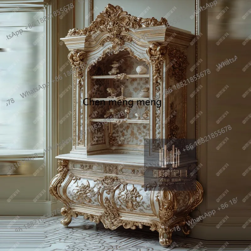 Solid wood European retro carved bookshelf living room display storage bookcase household wine cabinet