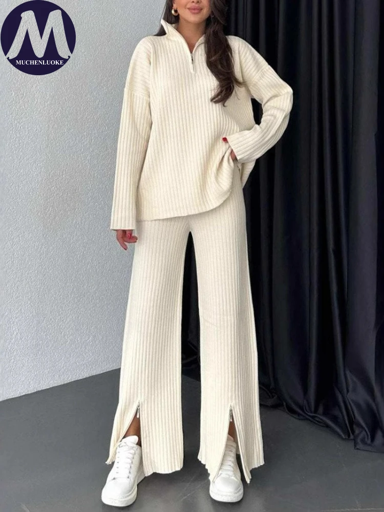 

2 Pieces Set for Woman Autumn Winter Elegant Long Sleeved Zipper Knitted Sweater Tops Suits Fashionable Casual Loose Pant Sets