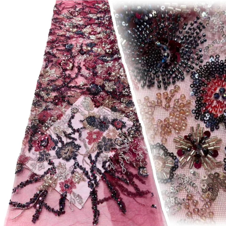 

Африканская кружевная ткань с блестками и жемчугом, 2026, высокое качество, французский тяжелый тюль с бисером, кружевная ткань, Нигерия для свадебного платья CC1818