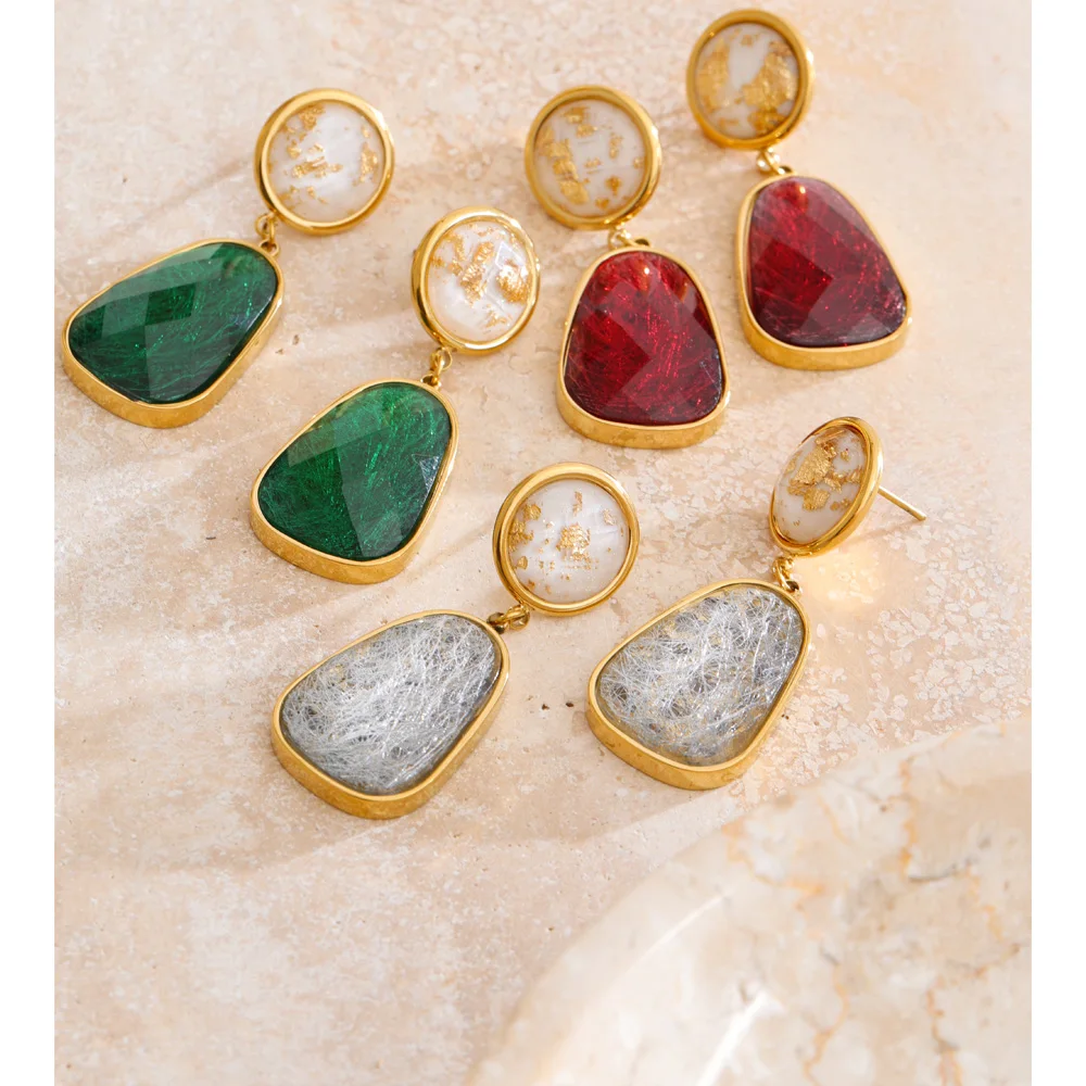 Yhpup Red Green White Resin Geometric Drop Dangle Earrings for Women Fashion Stainless Steel Waterproof Jewelry Wholesale