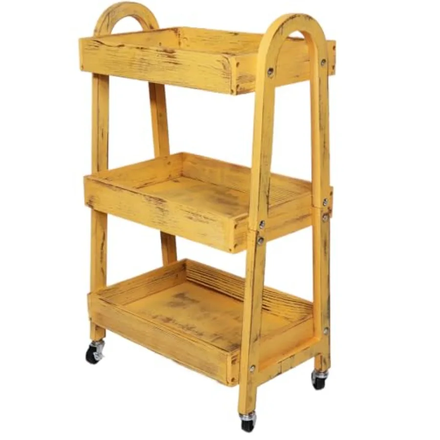 

3-Tier Wooden Rolling Cart- Wooden Utility Cart wit Wheels- Utility Rolling Cart-Storage Trolley Organizer- Rolling Kitchen Ser