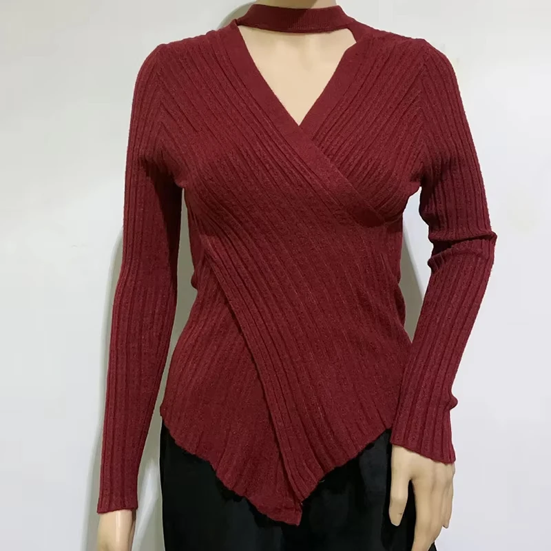 2025 outono elegante senhora do escritório fino ajuste pulôver camisola casual cor sólida malhas moda com decote em v cruz design camisola 9138